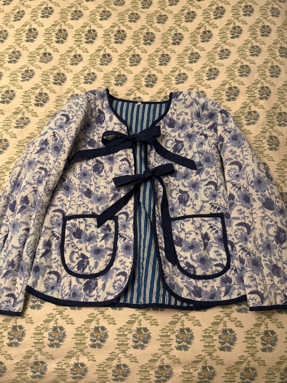 Blue and White Floral Quilted Jacket with Navy Trim